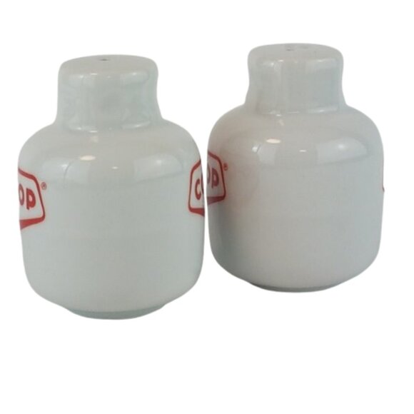 Vintage Canada Co-Op Salt and Pepper Shakers Propane Tank White Red Ceramic - Picture 3 of 7